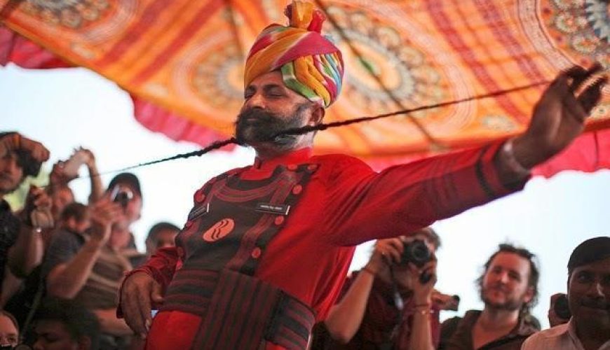 A participant at the longest moustache competition at Pushkar Fair in Rajasthan
