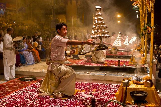 Evening Aarti at the Bathing Ghat of Ganges in Varanasi